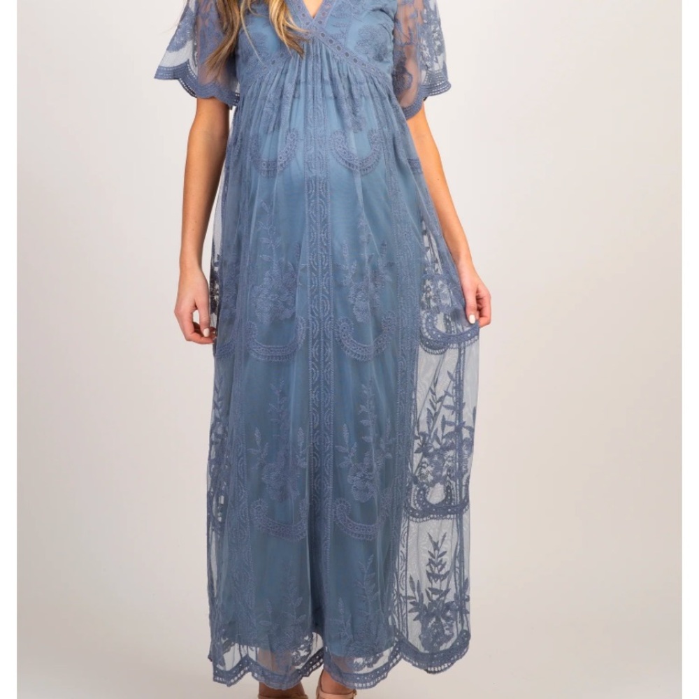 Blue Lace Mesh Overlay Maxi Maternity Dress